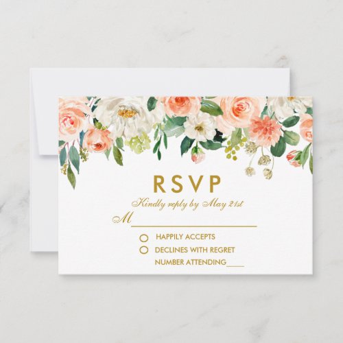 Watercolor Floral Coral Gold RSVP Wedding
