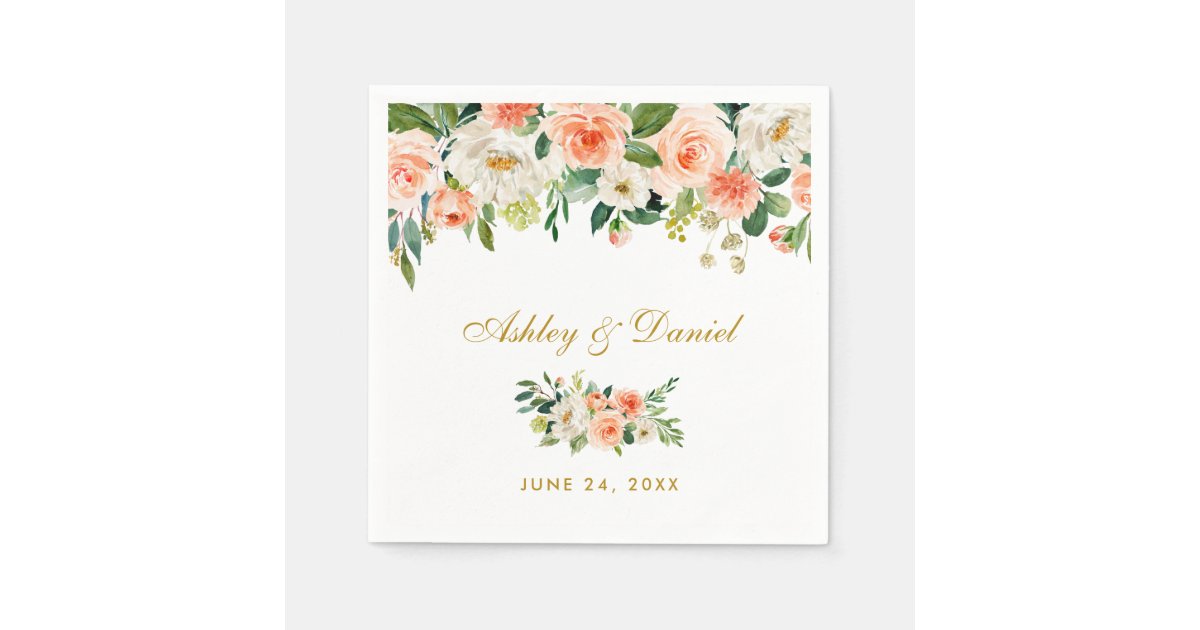 Watercolor Floral Coral Gold Wedding Napkins Zazzle
