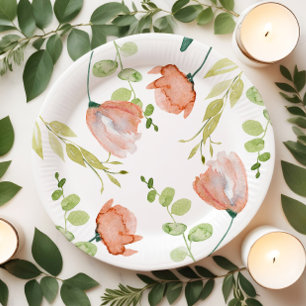 Watercolor Floral Coral Green Bridal Shower Paper Plates