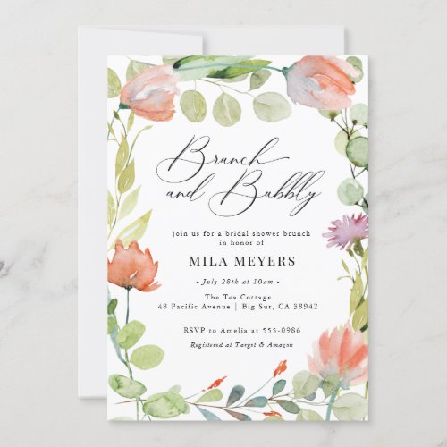 Watercolor Floral Coral Green Brunch Bubbly Shower Invitation - Watercolor Floral Coral Green Brunch Bubbly Shower Invitation