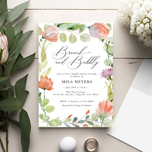 Watercolor Floral Coral Green Brunch Bubbly Shower Invitation