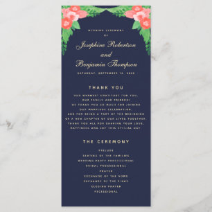 Watercolor Floral Coral & Navy Blue Wedding Program