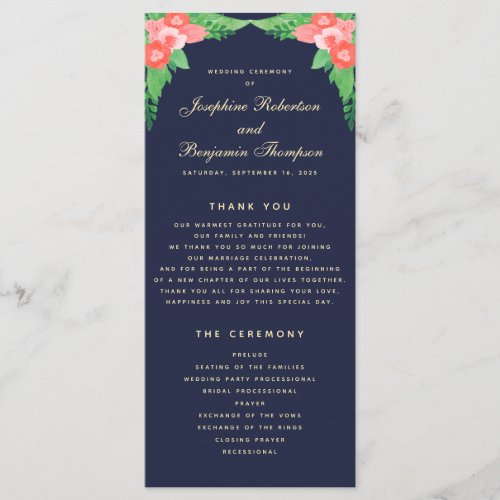 Watercolor Floral Coral  Navy Blue Wedding Program