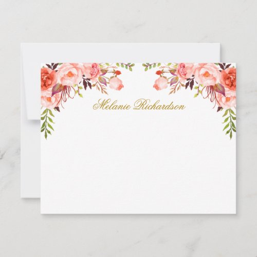 Watercolor Floral Coral Personalized Gold Note Card