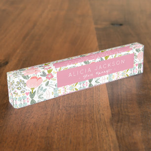 Watercolor Floral Coral Pink Boutique Manager Desk Name Plate