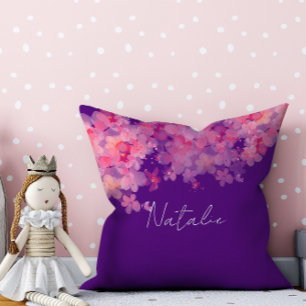 Watercolor floral coral purple name  throw pillow