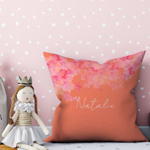 Watercolor floral coral salmon name throw pillow
