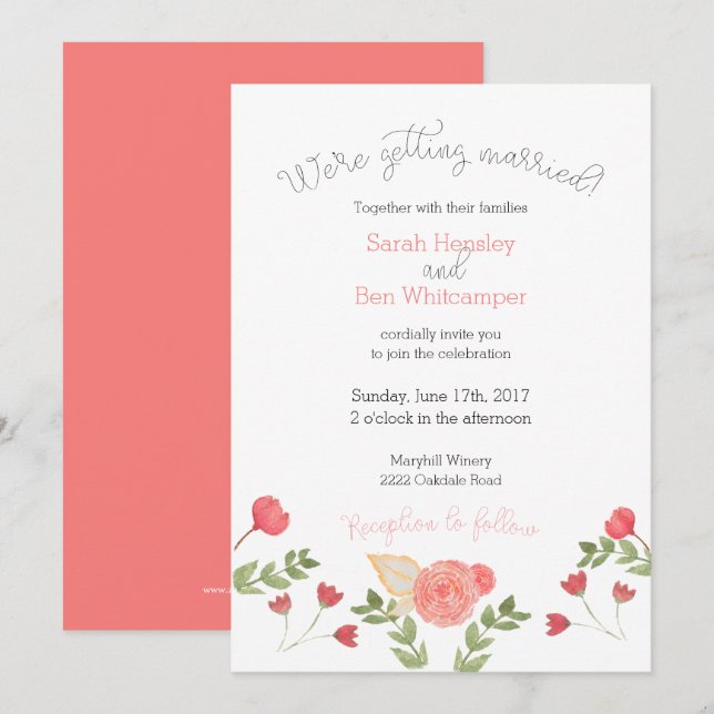Watercolor Floral Coral Wedding Invitation (Front/Back)