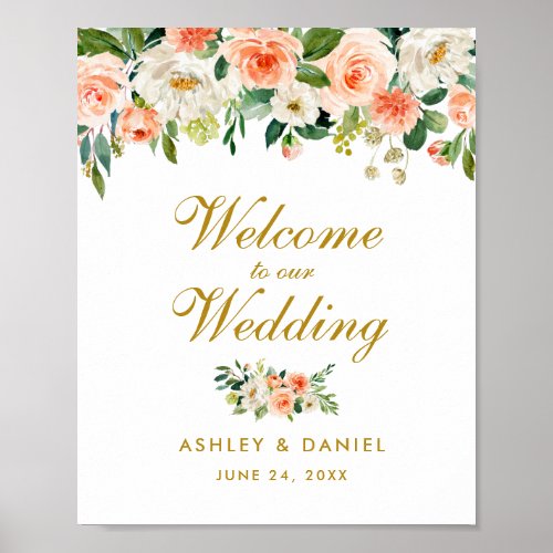 Watercolor Floral Coral Wedding Welcome Gold Poster
