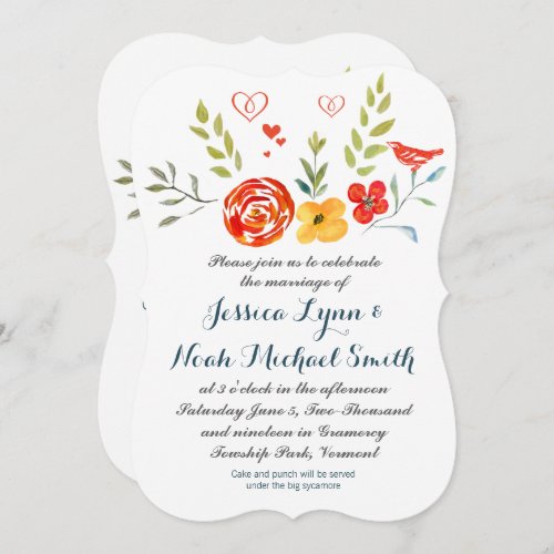 Watercolor Floral Coral Yellow Green Blue Wedding Invitation