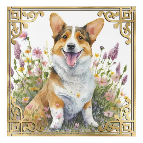 Watercolor Floral Corgi Puppy  Gold Frame Acrylic Print