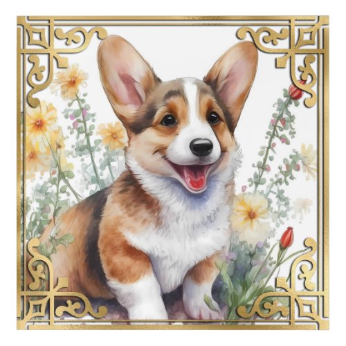 Watercolor Floral Corgi Puppy  Gold Frame Acrylic Print