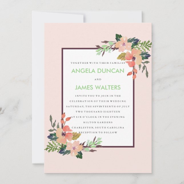 Watercolor Floral Corner Wedding Invitation (Front)