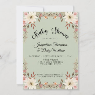 Watercolor Floral Cottage Sage Baby Girl Shower Invitation