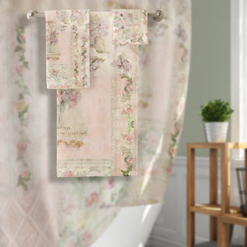 Watercolor Floral Cottagecore Pink Flower Vintage  Bath Towel Set