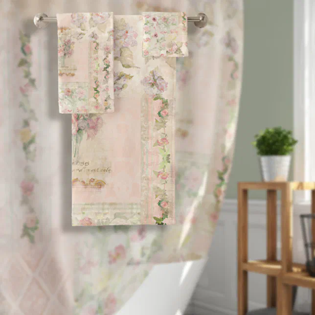 Watercolor Floral Cottagecore Pink Flower Vintage Bath Towel Set | Zazzle