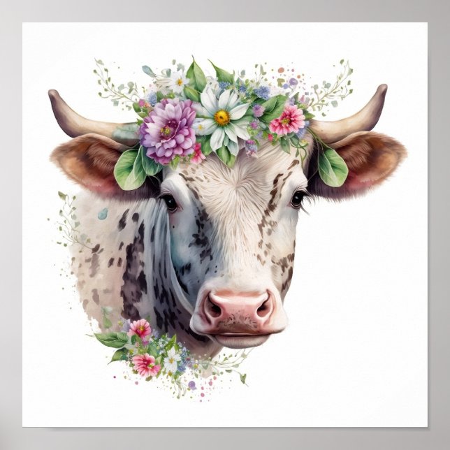 Watercolor floral cow poster (Front)