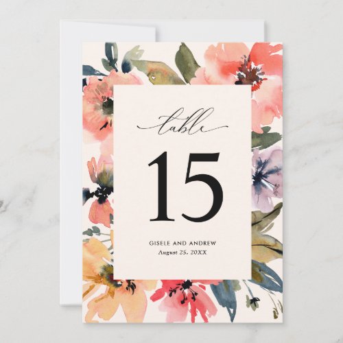 Watercolor Floral Cream Wedding Table Number Card