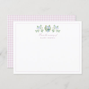 Watercolor floral crest gingham nursery note card