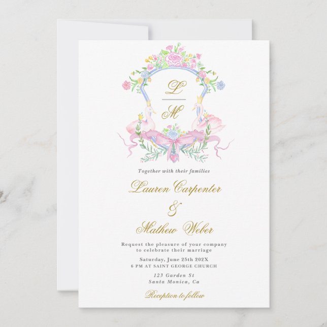 Watercolor Floral Crest Wedding invitation (Front)