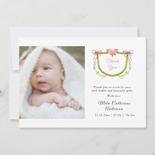 Watercolor floral crest with bow thank you card