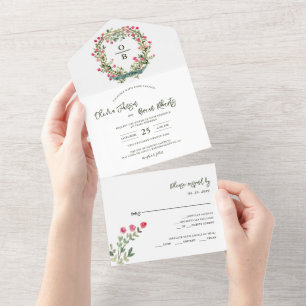 Watercolor Floral Crest Wreath Garden Wedding All In One Invitation