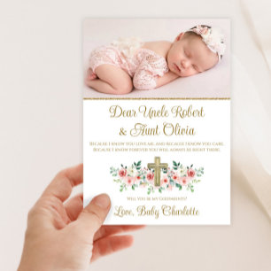 Watercolor Floral Cross Baby Girl Godparent  Invitation