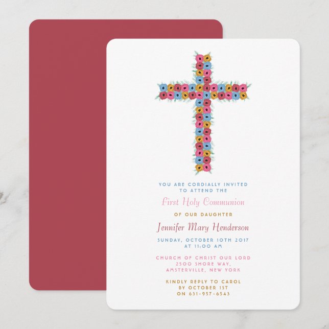 Watercolor Floral Cross Communion or Confirmation Invitation (Front/Back)