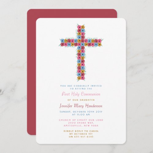 Watercolor Floral Cross Communion or Confirmation Invitation
