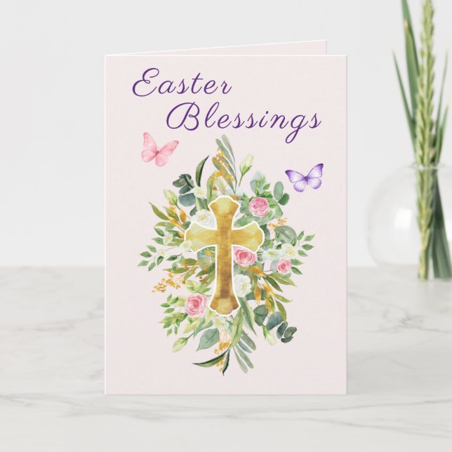 Watercolor Floral Cross Easter Blessings Scripture Holiday Card (Front)