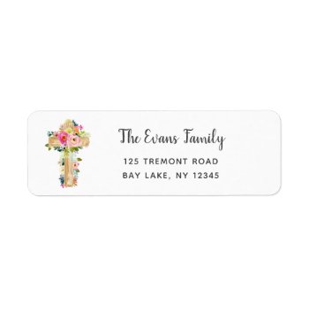 Watercolor Floral Cross First Communion Baptism Label by NoteworthyPrintables at Zazzle