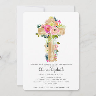 Watercolor Floral Cross First Communion Invitation