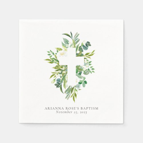 Watercolor Floral Cross Greenery Baptism  Napkins