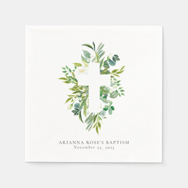 Watercolor Floral Cross Greenery Baptism  Napkins (Front)