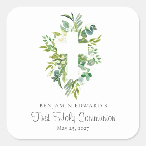 Watercolor Floral Cross Greenery First Communion  Square Sticker