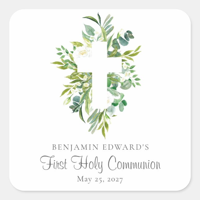 Watercolor Floral Cross Greenery First Communion  Square Sticker (Front)