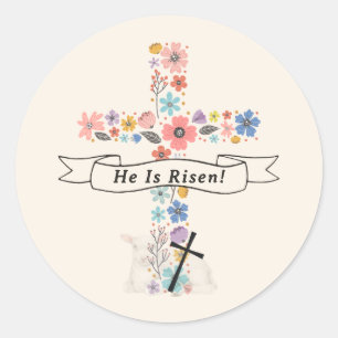 Watercolor Floral Cross He Is Risen Easter Classic Round Sticker