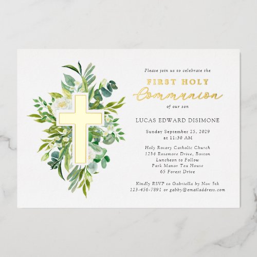 Watercolor Floral Cross Holy Communion Gold 