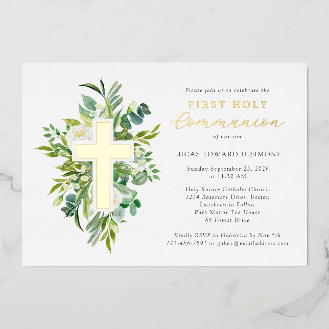 Watercolor Floral Cross Holy Communion Gold  Foil Invitation (Front)