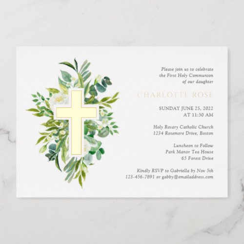 Watercolor Floral Cross Holy Communion Real Gold Foil Invitation