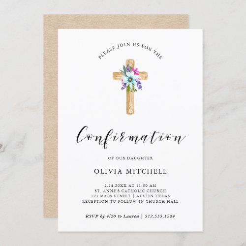 Watercolor Floral Cross Kraft Look  Confirmation Invitation