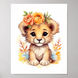 Watercolor Floral Crown Lion Cub Nursery Kids Poster