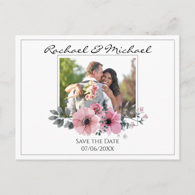 Watercolor Floral Custom Photo Save the Date Postcard (Front)