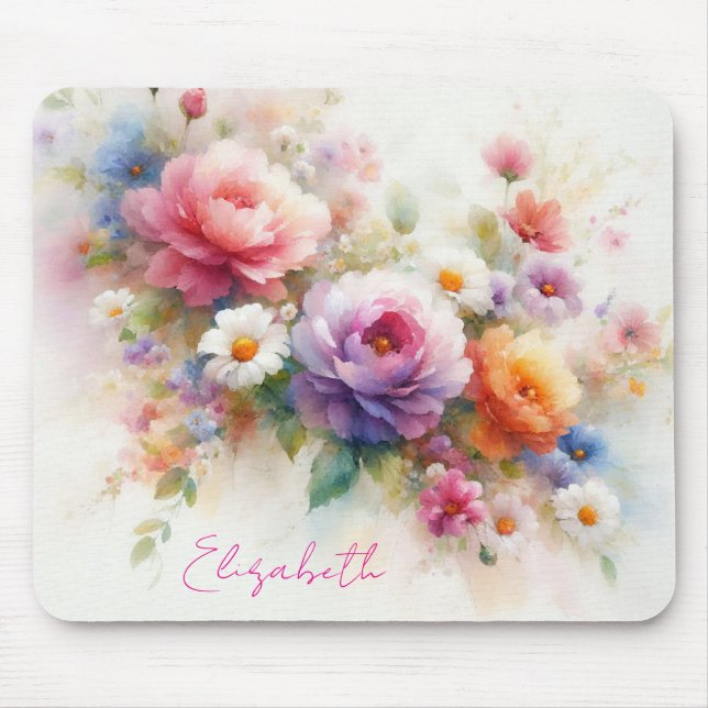 Watercolor Floral Custom Script Name Template Mouse Pad (Front)