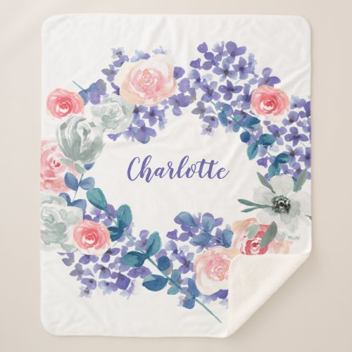 Watercolor Floral Customizable Baby girl Name  Sherpa Blanket