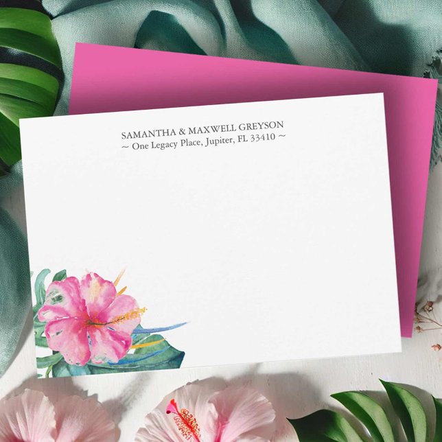 Watercolor Floral Customized Note Cards (Wedding note cards feature watercolor tropical pink hibiscus flower art by Victoria Grigaliunas)
