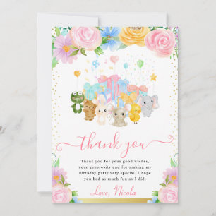 Watercolor Floral Cute Animal Friends Birthday Thank You Card