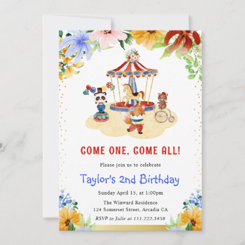 Watercolor Floral Cute Circus Animals Birthday Invitation