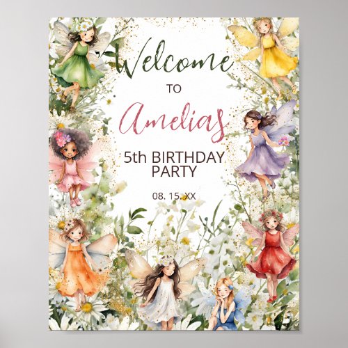 Watercolor Floral Cute Fairies Party Welcome Sign