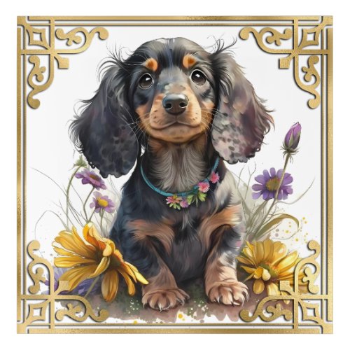 Watercolor Floral Dachshund Puppy  Gold Frame Acrylic Print
